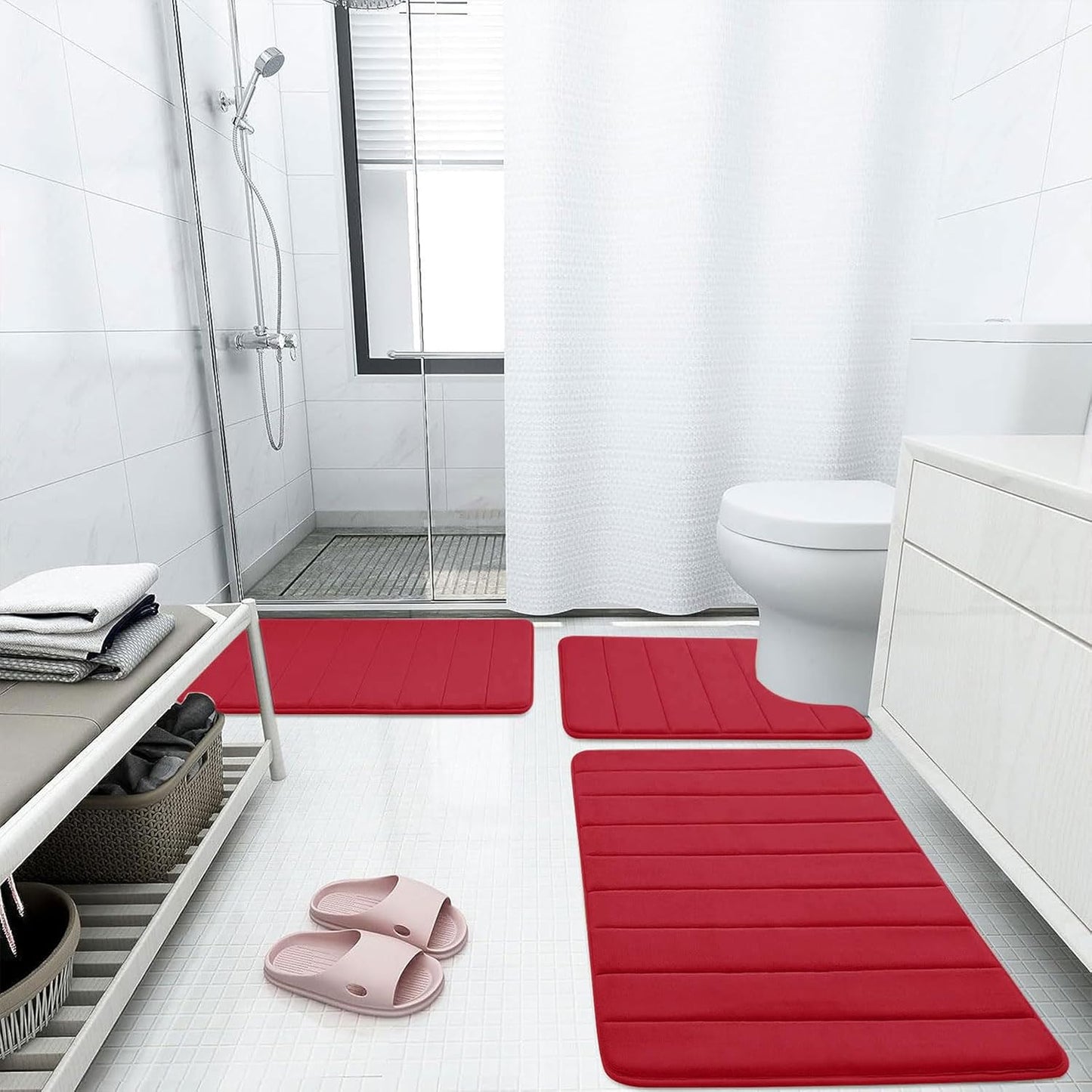 Buganda Memory Foam Bath Mat, 44" x 24", Ultra Soft and Non-Slip Bathroom Rugs, Water Absorbent and Machine Washable Bath Rug Runner for Bathroom, Shower, and Tub, Red