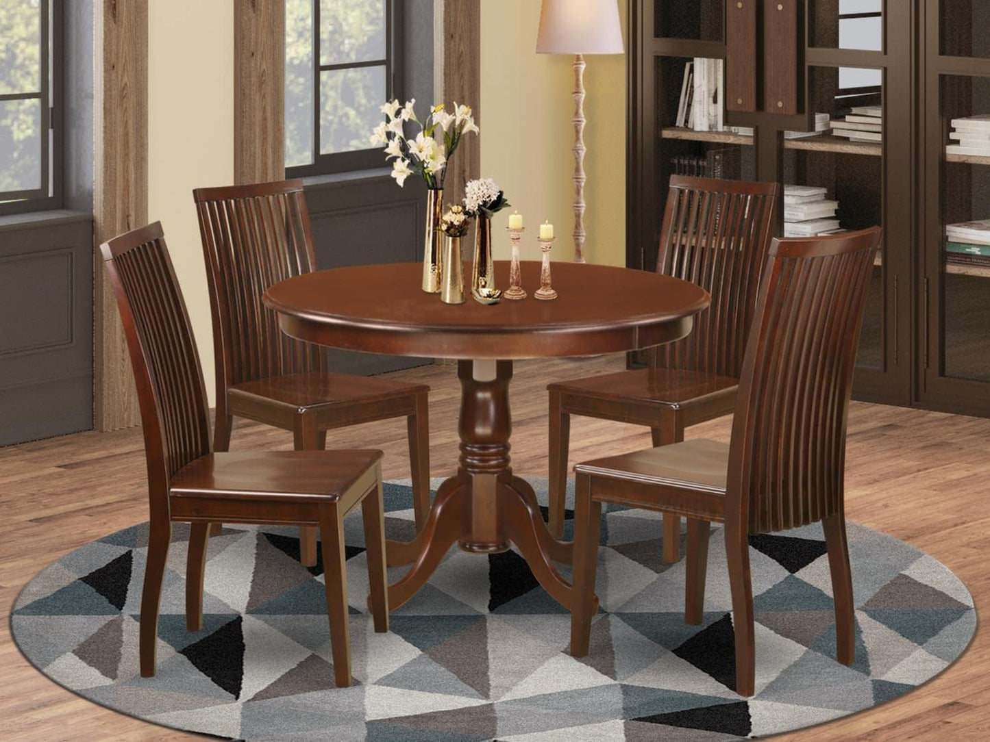 East West Furniture HLIP5-MAH-W 5 Piece Dining Room Table Set Includes a Round Dining Table with Pedestal and 4 Wood Seat Chairs, 42x42 Inch, Mahogany