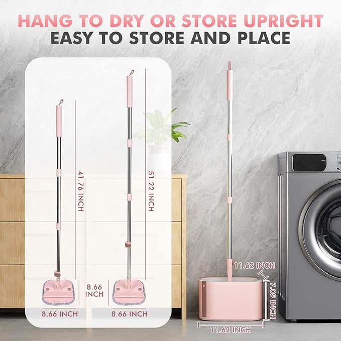 Upgraded Self-Standing Spin Mop and Bucket System, Detachable Inner Mop Bucket Separates Dirty Water & 90° Foldable Head, Triple-Scrub System, 0.9Gal Dual Drainage, for Hardwood Floors (Pink 2 Pads)