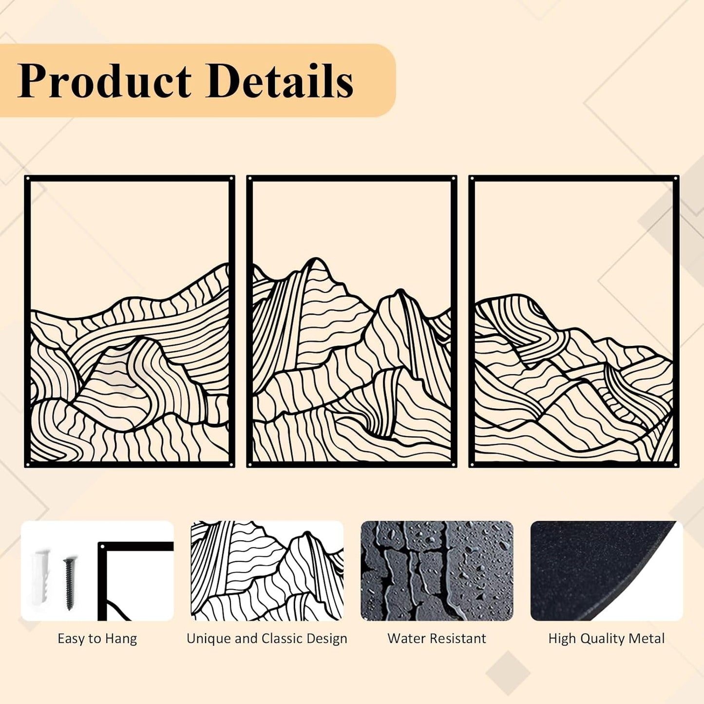 ruelen Wall Decor 3 Pcs Mountain Metal Wall Art, Mountain Line Abstract Minimalist Wall Art Rustic Nature Wall Decor Hanging Sculpture for Home Bedroom Bathroom Living Room (Black)