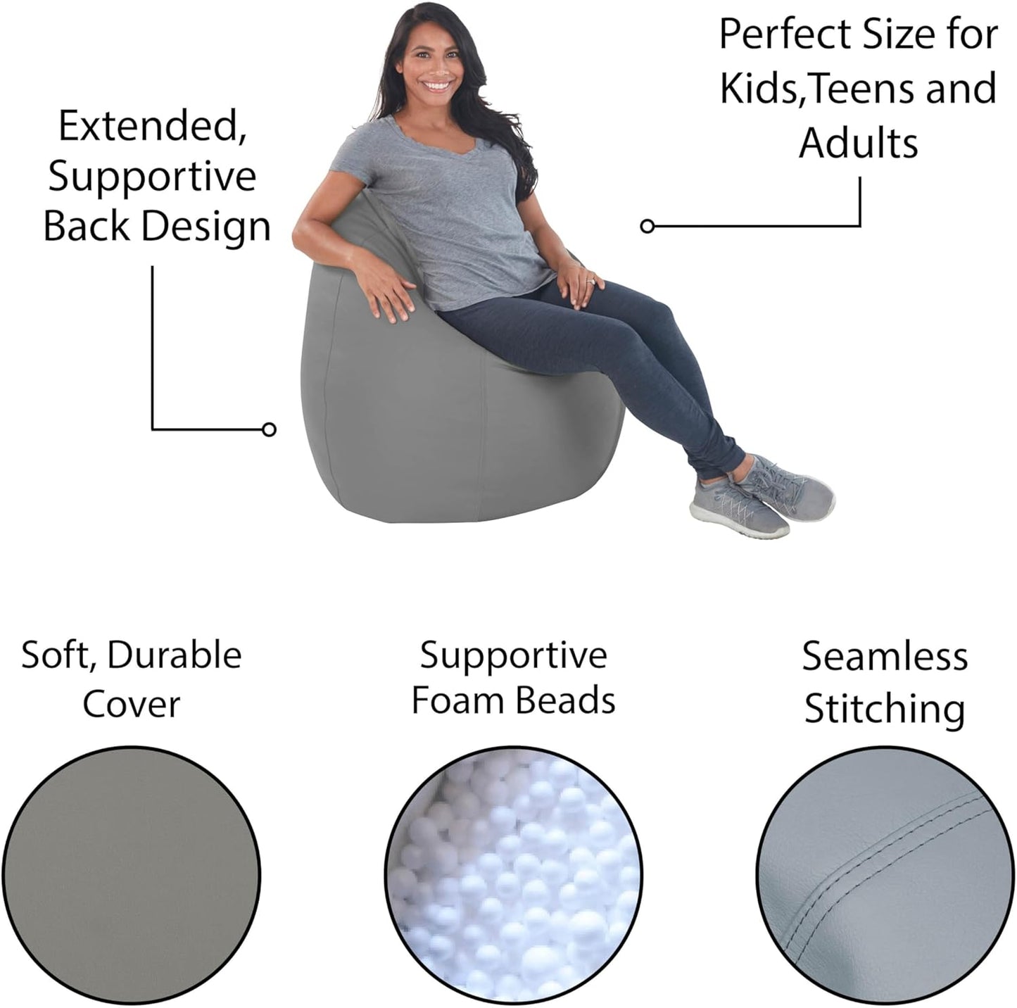 FDP SoftScape Dew Drop Bean Bag Chair with Supportive High-Back Design, For Kids, Teens and Adults, Alternative Seating for Dorms, Schools, Libraries, Daycares or Home - Gray/Light Gray