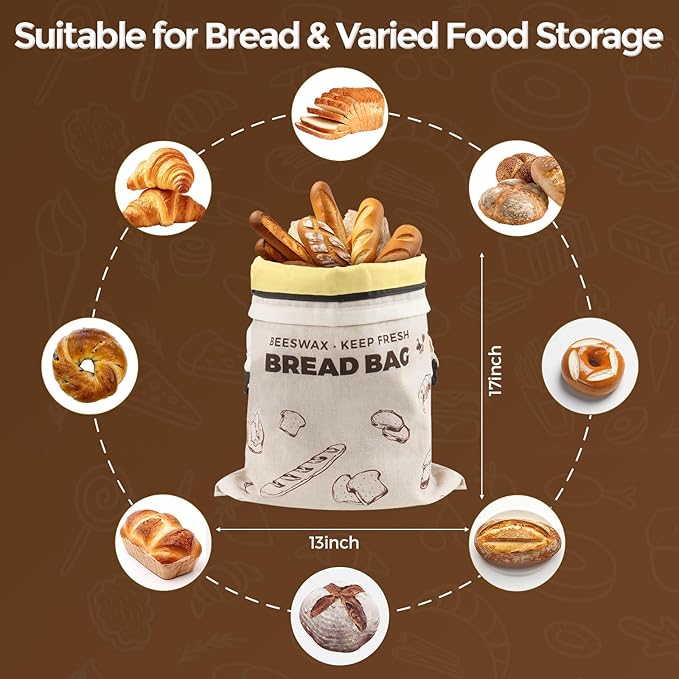 YARRAMATE Beeswax Bread Bags for Homemade Sourdough, Zipper Reusable Linen Food Storage Bags to Keep Loaf Fresh, Large Freezer Safe and Eco Friendly Bread Containers (17x13", 2 Pack)