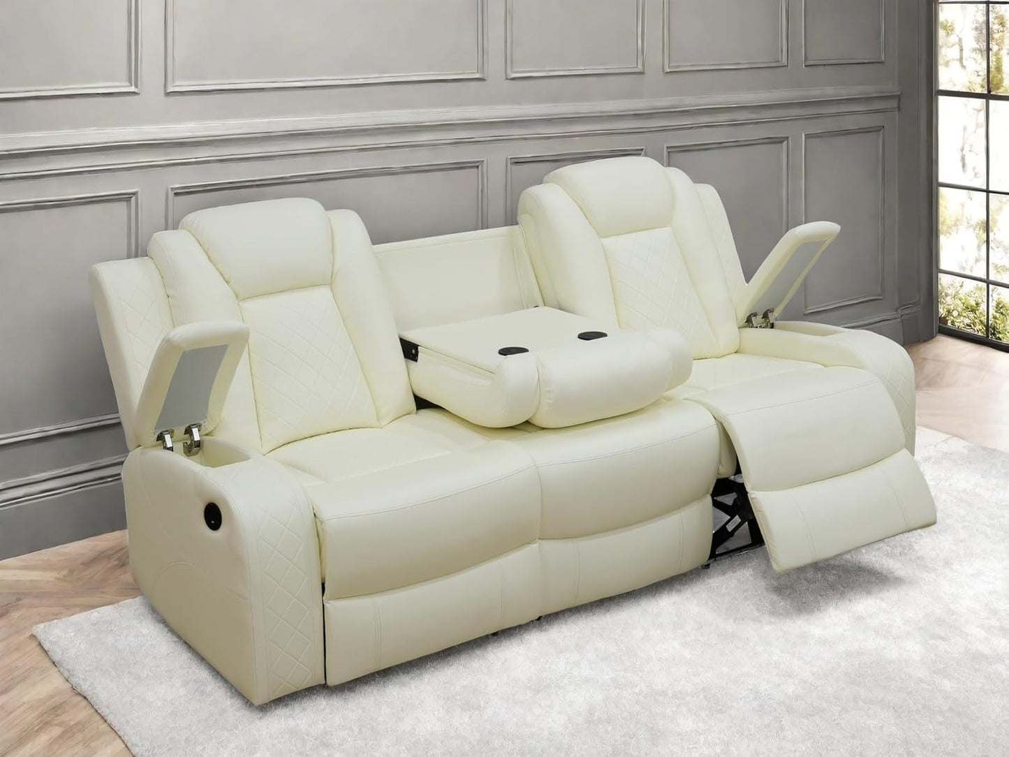 Leather Recliner Sofa Couch, 3-Seater Home Theater Seating Reclining Sofa, Power Reclining Couch with Cup Holders & Drop Down Table for Living Room Furniture Sets, White