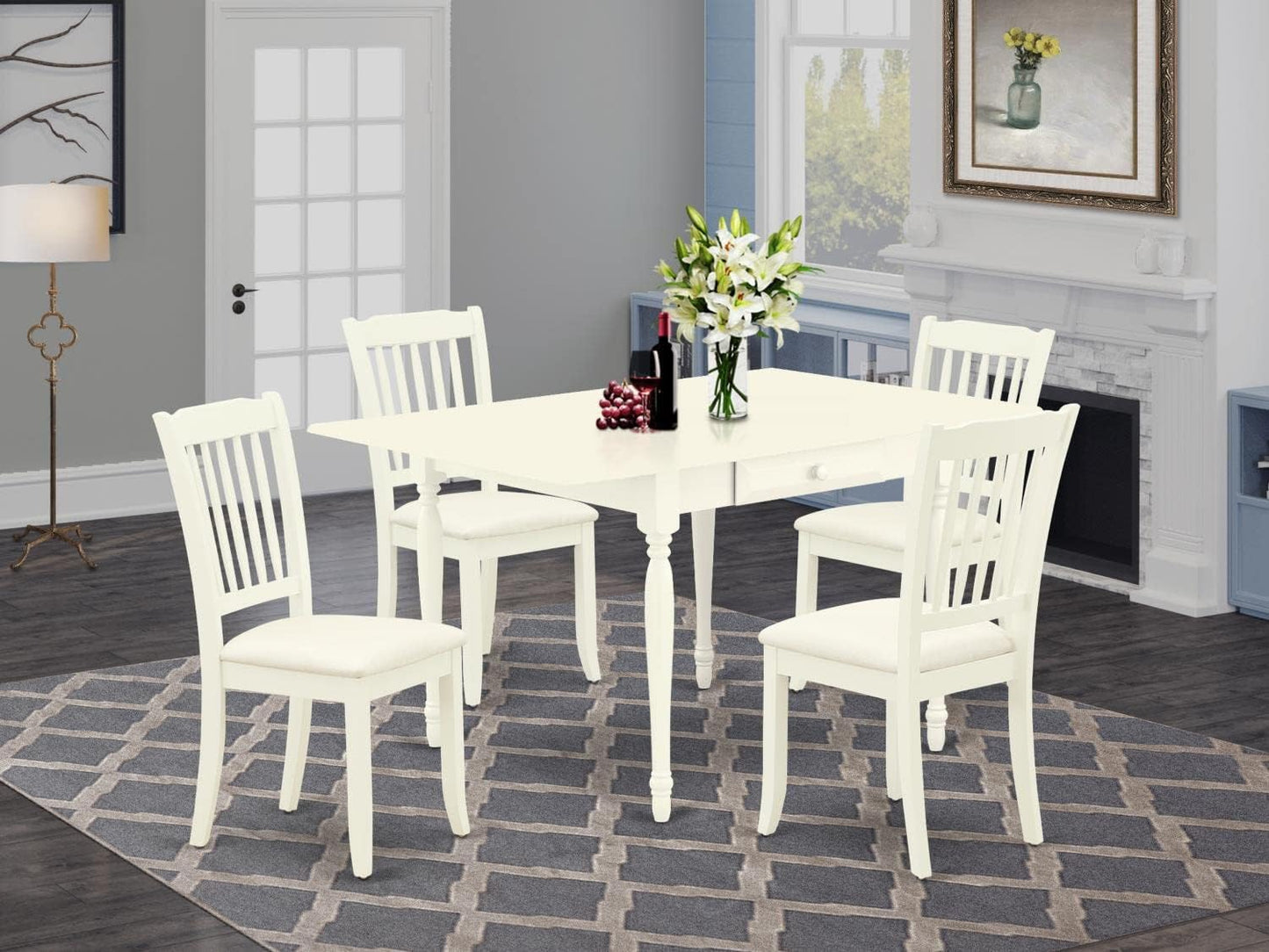 East West Furniture MZDA5-LWH-C 5 Piece Dining Room Table Set Includes a Rectangle Kitchen Table with Dropleaf and 4 Linen Fabric Upholstered Dining Chairs, 36x54 Inch, Linen White