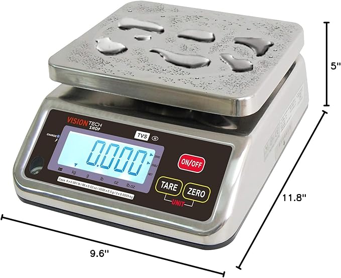 VisionTechShop TVS Portion Control Stainless Steel Washdown Scale, Lb/Oz/Kg/g Switchable, Low Profile Design, 6lb Capacity, 0.001lb Readability, Single Display, NTEP Legal for Trade, NSF Certified