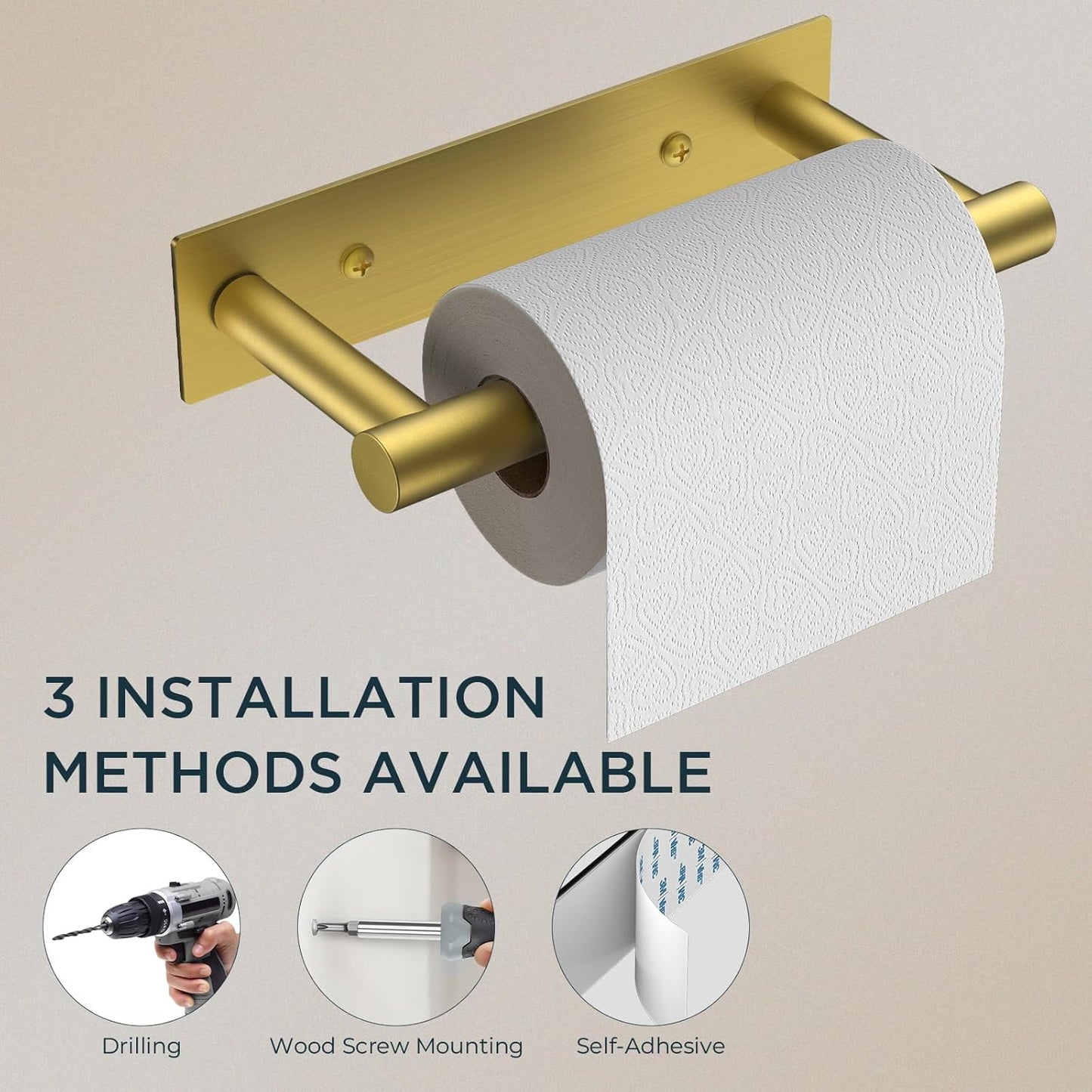 FORIOUS Toilet Paper Holder, Adhesive or Wall Mounted Options, Stainless Steel Rustproof Stick on no Drilling Double Post Pivoting Toilet Tissue Roll Holder Wall Mount for Bathroom, Brushed Gold