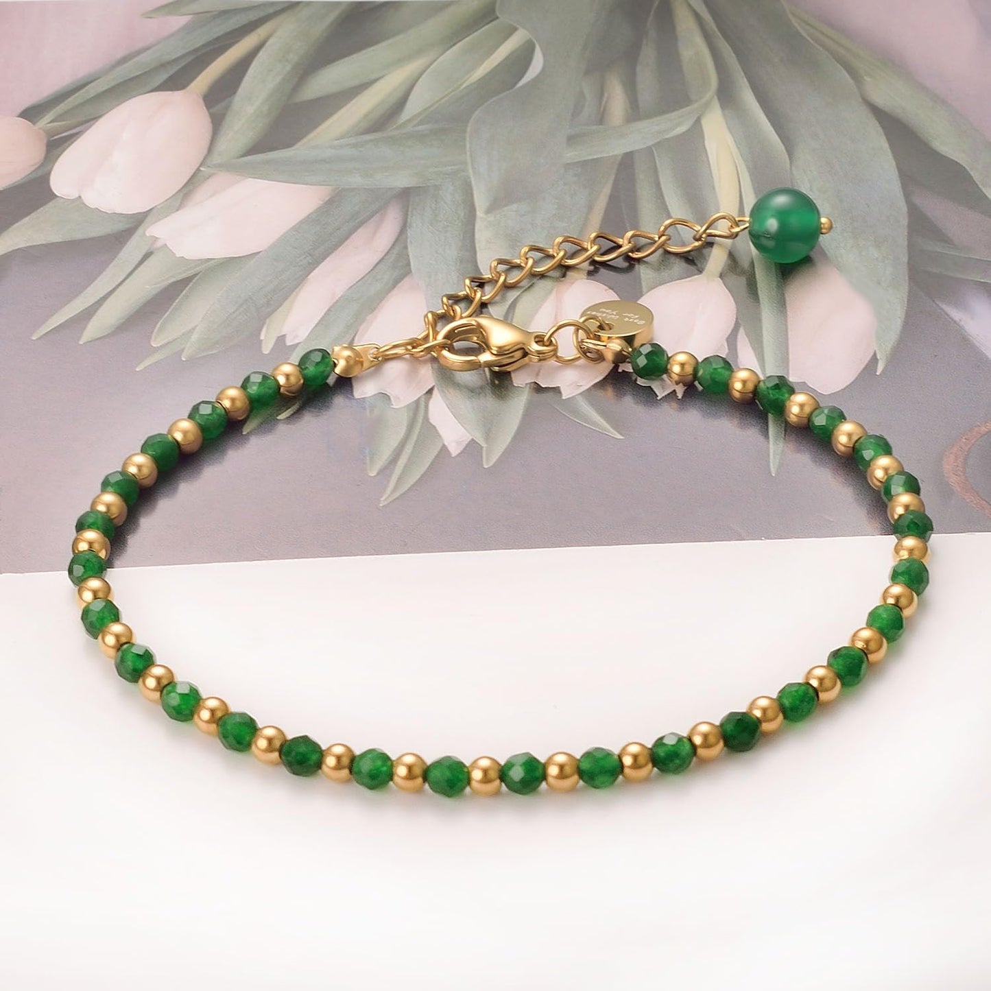 vissen Natural Stone Bracelet for Women Gold Plated Bracelet Beaded Green Agate Stainless steel Adjustable Jewellery