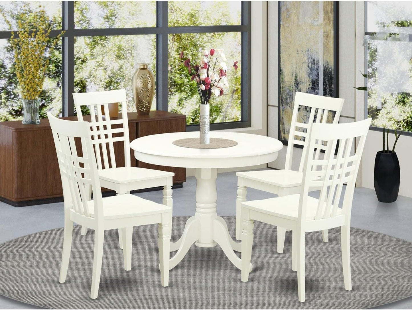 East West Furniture ANLG5-LWH-W 5 Piece Dining Table Set for 4 Includes a Round Kitchen Table with Pedestal and 4 Kitchen Dining Chairs, 36x36 Inch, Linen White