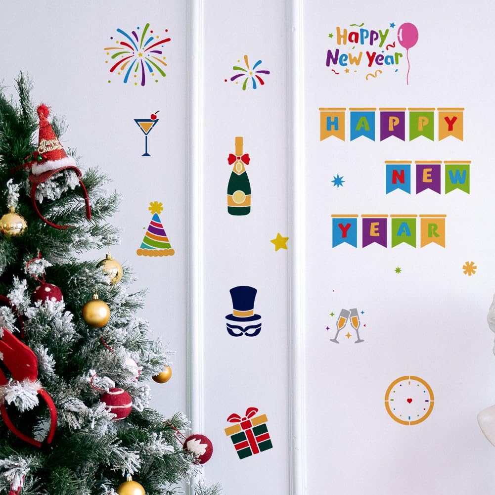 MAYJOYDIY 3pcs Happy New Year Fireworks Stencil Christmas Fireworks Templates 11.8×11.8inch with Paint Brush Reusable Party Theme Painting Stencils for Crafts and Home Decor