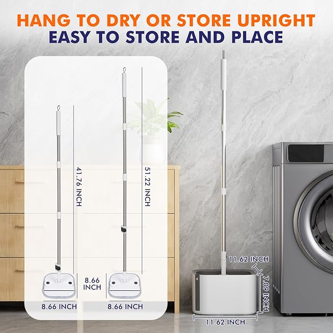 Upgraded Self-Standing Spin Mop and Bucket System, Detachable Inner Mop Bucket Separates Dirty Water & 90° Foldable Head, Triple-Scrub System, 0.9Gal Dual Drainage, for Hardwood Floors (White 6 Pads)