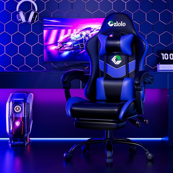Gaming Chair with Footrest Racing Style Lumbar Support Massager Video Game Chair with Metal Legs, High Back Gamer Chair with Headrest, 360° Swivel Office Computer Desk Chair, Bright Blue