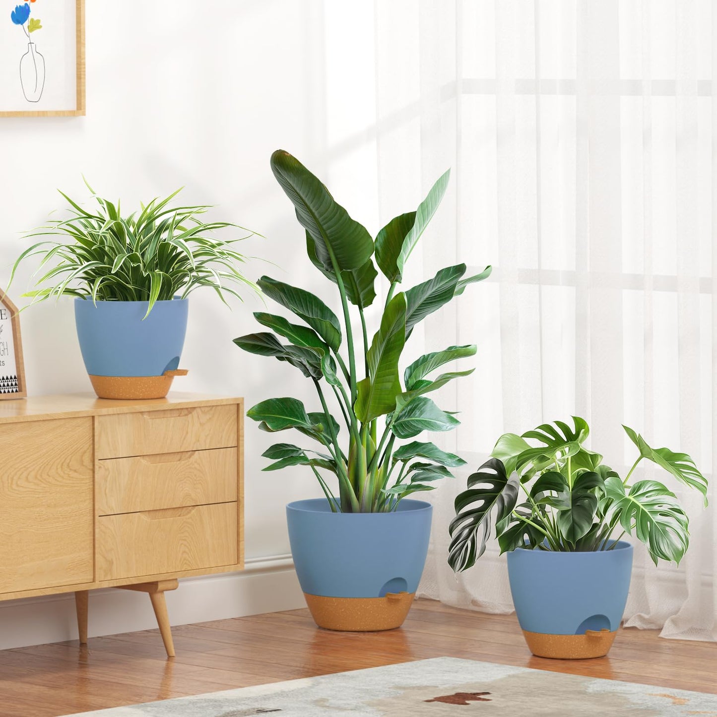 FIASON 12/10/9/8/6 Inch Self Watering Pots for Indoor Outdoor Plants, Set of 5 Large Plastic Planters with Visual Water Window, Drainage Holes & Watering Lip, Modern Decorative Flower Pots (Blue)