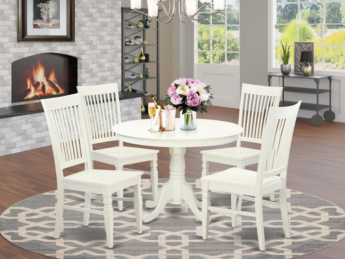 East West Furniture HLWE5-LWH-W 5 Piece Dining Set Includes a Round Dining Table with Pedestal and 4 Kitchen Chairs, 42x42 Inch, Linen White