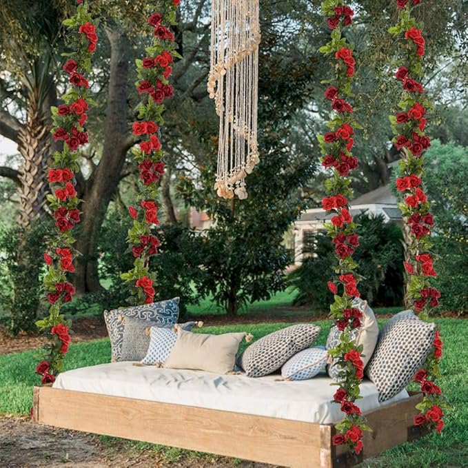 4 Pack(28.8 Ft) Artificial Flower Garland Silk Rose Flower Vines Fake Flower Garland for Backdrop Hanging Garlands Flowers Artificial for Decoration Wedding Arch Room(Red)