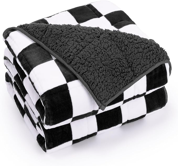 Weighted Blanket for Adults, 20lbs Sherpa Flannel Weighted Blanket Queen Size, Soft Fluffy Fleece Checkerboard Weighted Blankets for Calming and Relax, Plaid Black, 60" x 80"