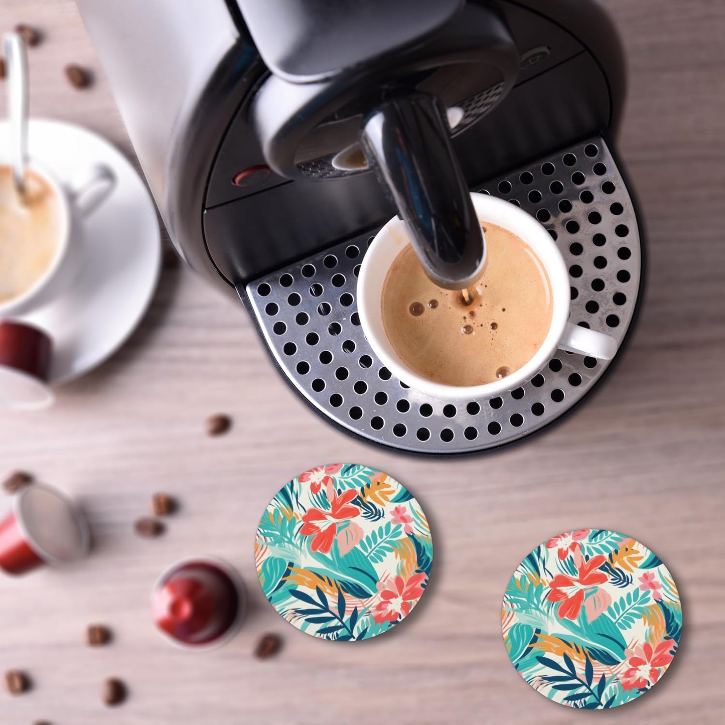 Ceramic Coasters for Drinks with Cork Back, Colorful Tropical Print 4 Inch Absorbent Coaster Set 2 Pack, Quick Dry Non-Slip Coaster Mats for Home, Office, Bar