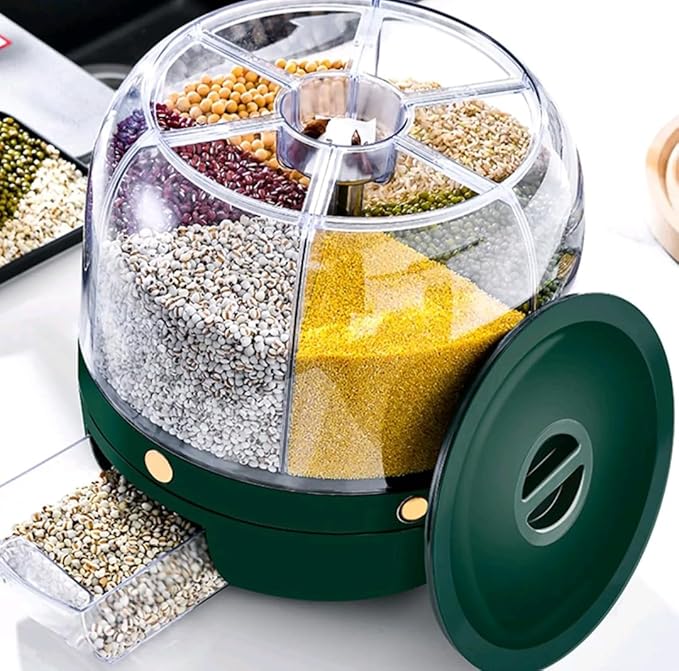Juvenixs Grain dispenser 360°Rotating Rice Food Dispenser 5 Grids rice container rotatable Beans Containers Storage with Sealed lid for Peanut Barley Millet and Cereal (Green)