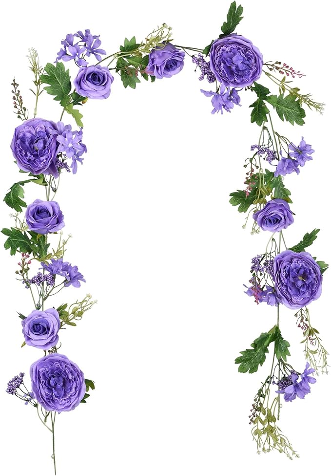 DearHouse Artificial Peony Flower Garland - 6ft/Strand Silk Peony Garland with Pink Flowers for Wedding Party Table Decoration,Deep Ruby (Purple)