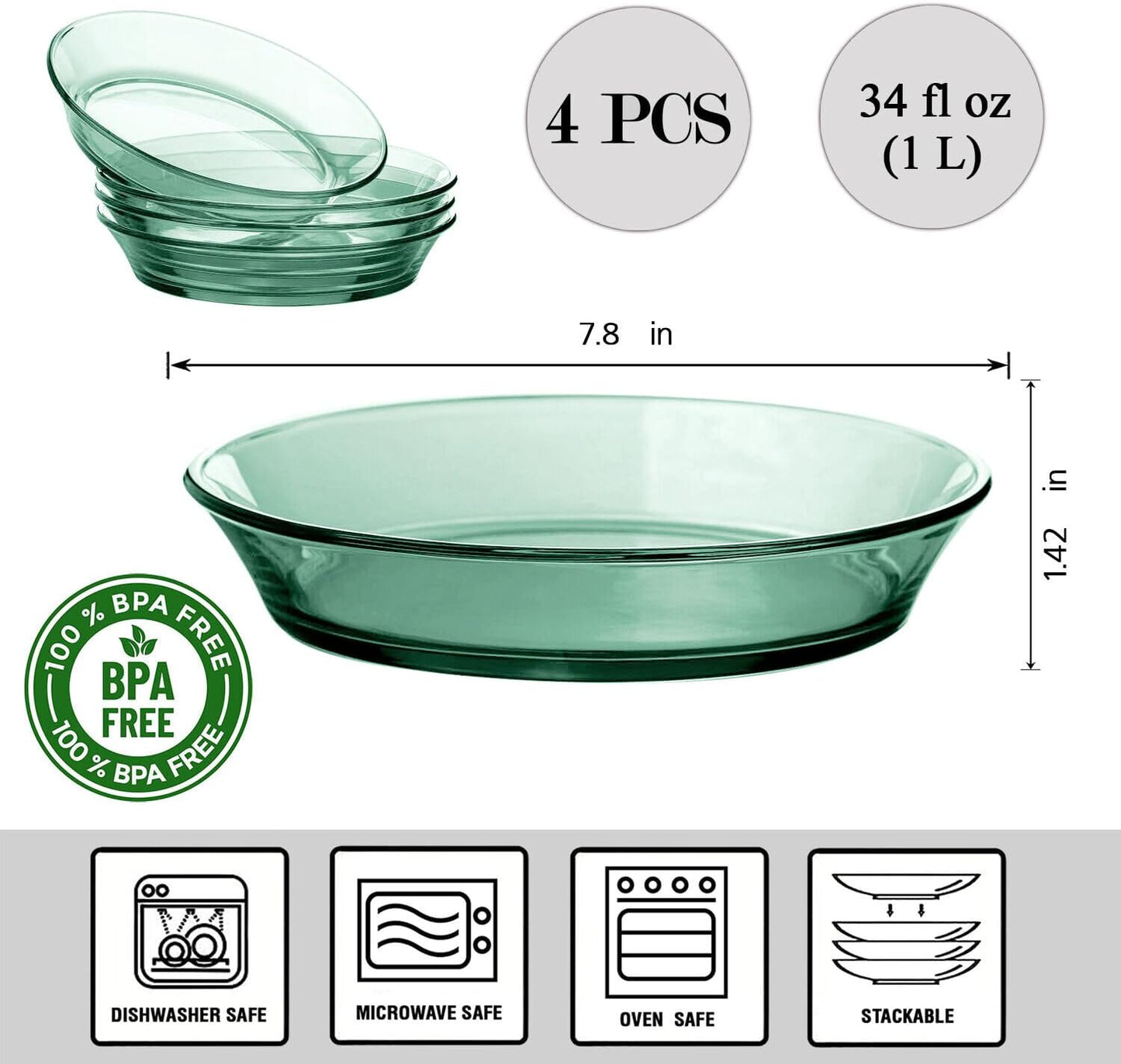 STP GOODS Glass Soup and Salad Bowl with Handles, Cobalt Transparent Glass Eating Plates, Circular Dinnerware for Salad, Bread, Dinner (Green Bowl, Set of 4)