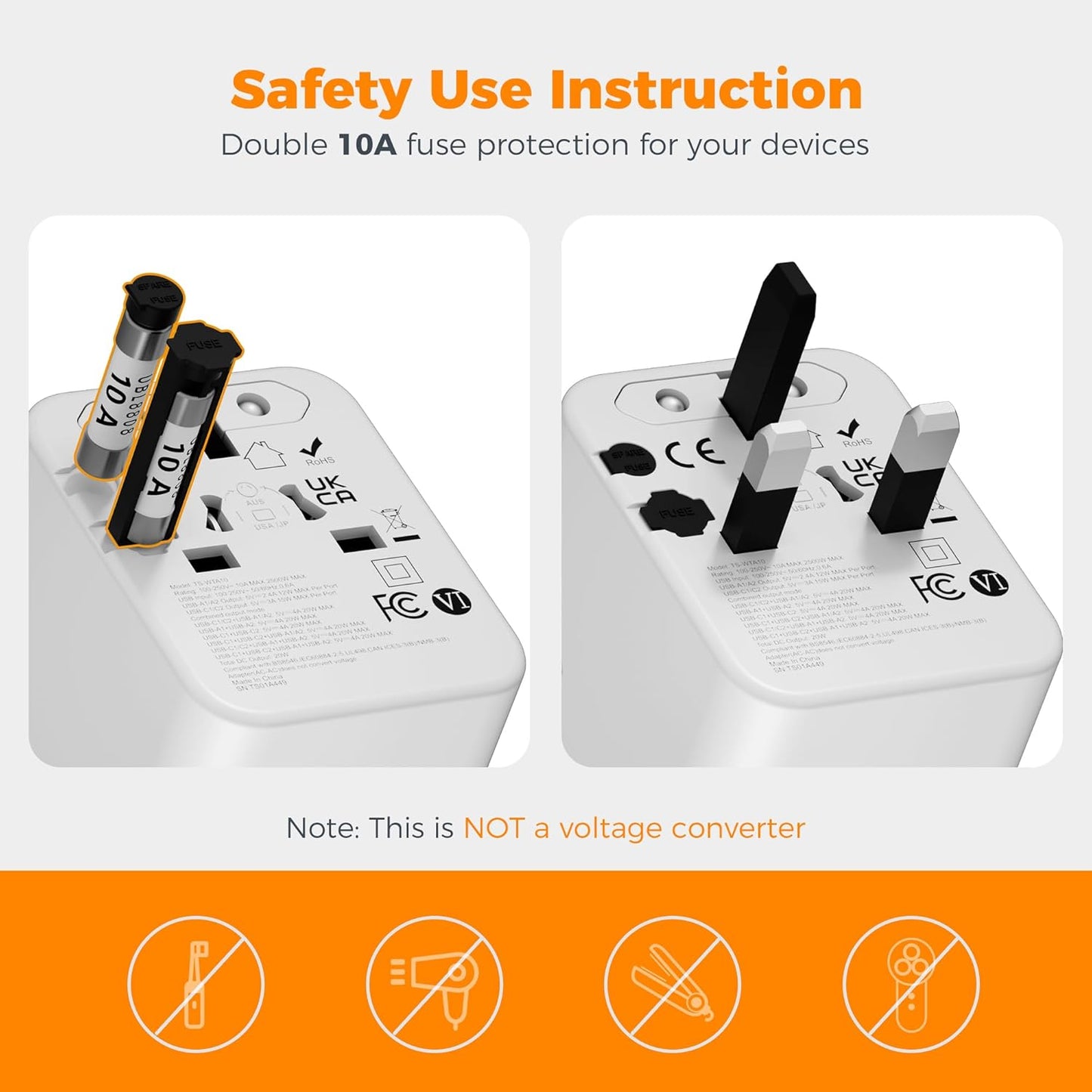 TESSAN Universal Travel Adapter, Power Adapter Worldwide with Extra 2 Prong AC Outlet, 4 USB Ports (2 USB C), International Plug Adaptor for US to Europe Italy UK Australia Ireland (Type C G A I)