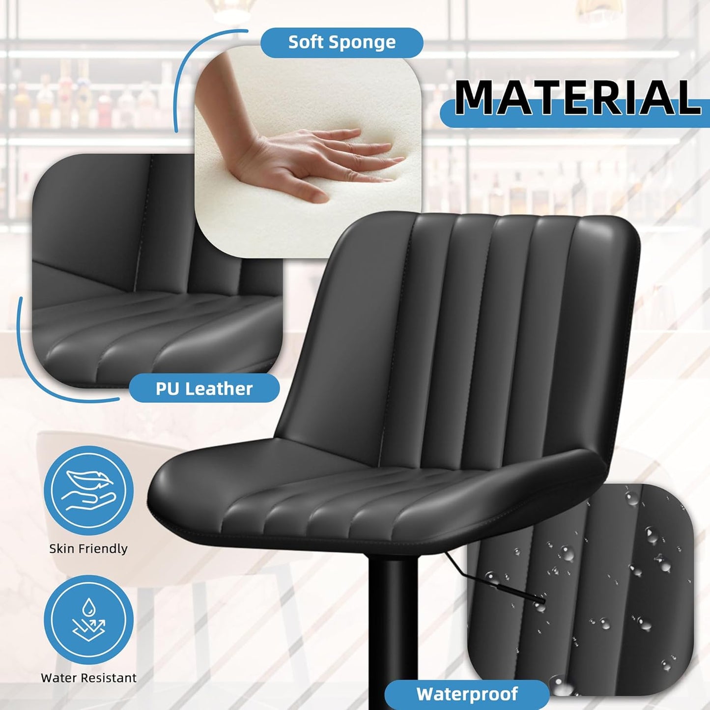 Shintenchi Swivel Bar Stools Set of 4, Adjustable Faux Leather Upholstered Swivel Counter Stools, Armless Bar Height Island Chairs with Back and Footrest, Black