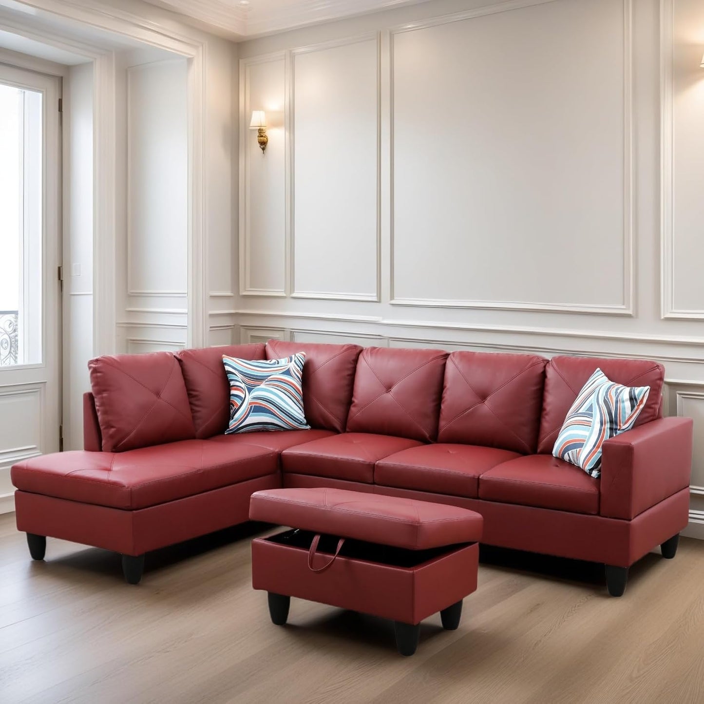 Leather Sectional Couch, Modern L Shaped Couches for Living Room, Comfy 4 Seat Modular Sectional Sofa with Ottoman Storage for Bedroom Apartment, Red