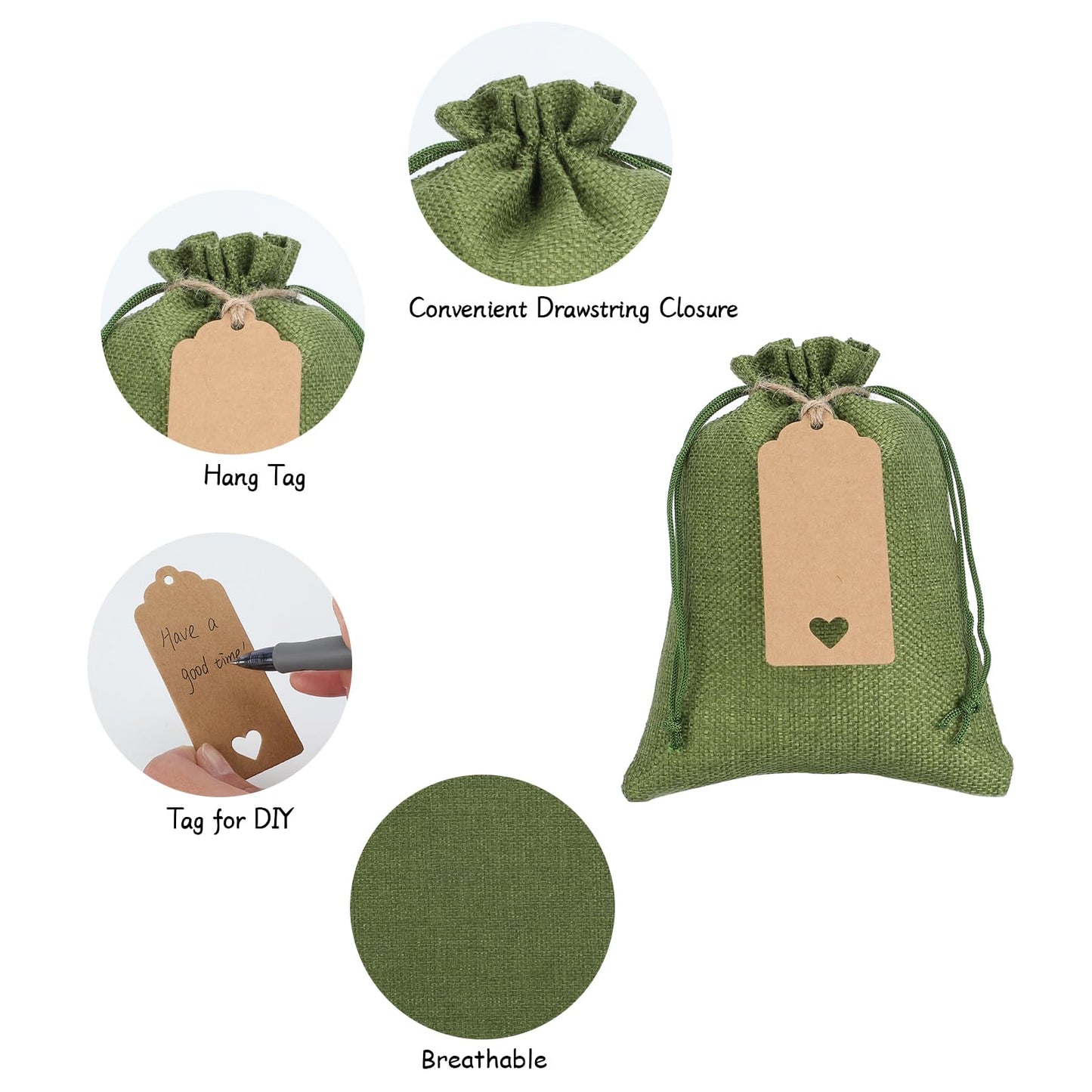Tapleap Green Burlap Gift Bags with Drawstring - 30Pcs 5x7 Sacks for Wrapping Memorial Day Favors, DIY Craft, Body Butters, Souvenirs, For Small Business, Wedding, Customers