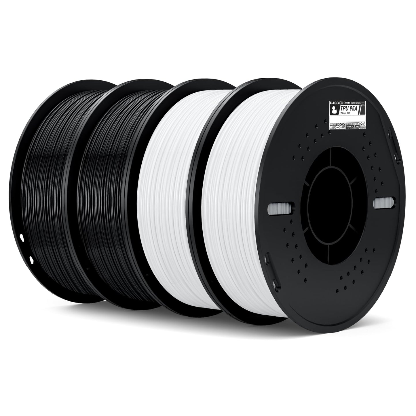 ELEGOO TPU Filament 1.75mm Black & White 4KG, 95A Flexible Soft 3D Printing Filament 4pcs 1KG Spool(2.2lbs) Fits for Most FDM 3D