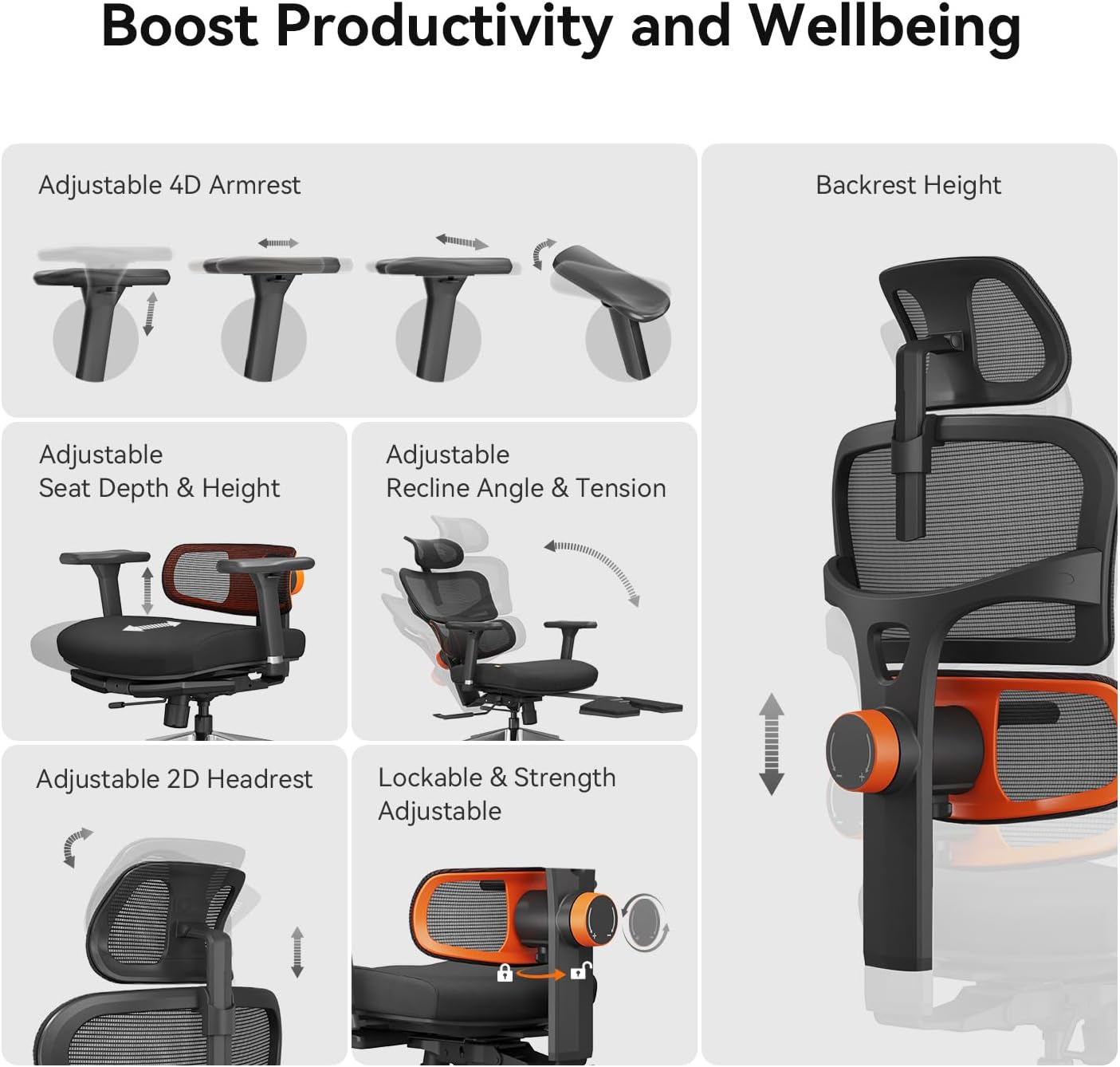 Newtral Office Chair Ergonomic - Home Office Desk Chair, Auto-Following Lumbar Support, 4D Armrest, Seat Depth and Height Adjustable for Long Time Sitting (with Footrest + Laptop Tray, Black)