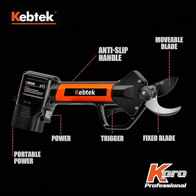 Electric Pruning Shear, Kebtek Cordless Electric Pruner Heavy Duty Electric Branch Cutter Brushless Motor with 2PCS 2500mAh 8-10H Working Time, 30mm (1.18 Inch) Cutting Diameter (KT930) Smooth-CUT