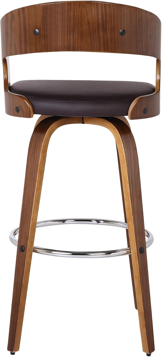 Armen Living Shelly 30" Bar Height Swivel Brown Faux Leather and Walnut Wood Bar Stool - Set of 4