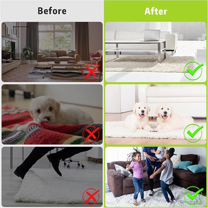 12 Pcs Anti-Slip Rug Gripper Double-Sided Tape Carpet Stickers No Damage for Hardwood Floors, Tile Floors, Removable Washable Reusable, Residue-Free Nano Gel, Stops Area Rug Corners Curling