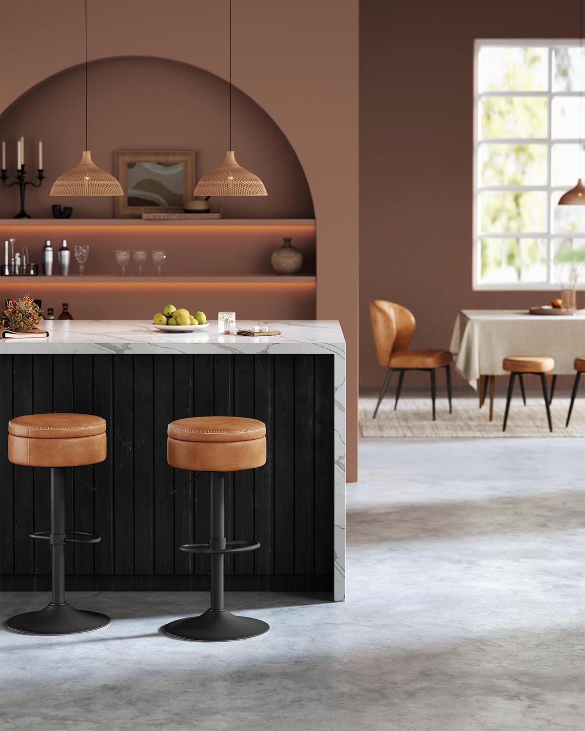 VASAGLE EKHO Collection - 360° Swivel Bar Stool, Height Adjustable Barstool with Storage, Synthetic Leather with Stitching, Mid-Century Modern, Kitchen Bar, Easy Assembly, Caramel Brown