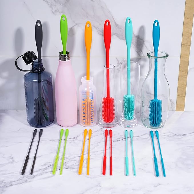 3-in-1 Silicone Bottle Brush and Straw Cleaning Brush Set, Water Bottle Cleaner for Narrow Neck Containers, Tumblers, Flask, Vase and Glassware (Charcoal)