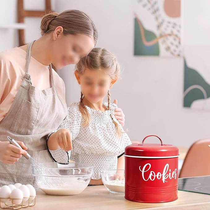 Farmhouse Cookie Jar for Kitchen Counter, 1 Gallon Vintage Cookie Jar with Airtight Lid, Large Food Storage Container for Candy, Cookies, Dessert, Red Kitchen Decor and Accessories