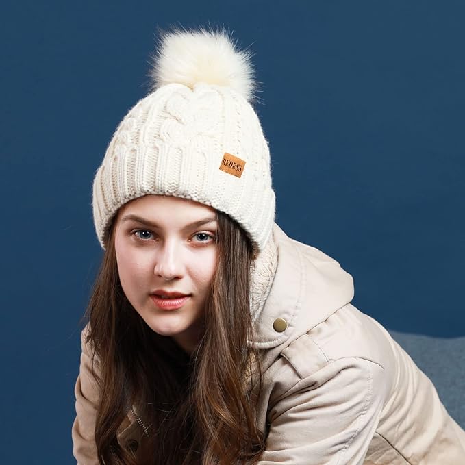 REDESS Women Winter Pompom Beanie Hat with Warm Fleece Lined, Thick Slouchy Snow Knit Skull Ski Cap