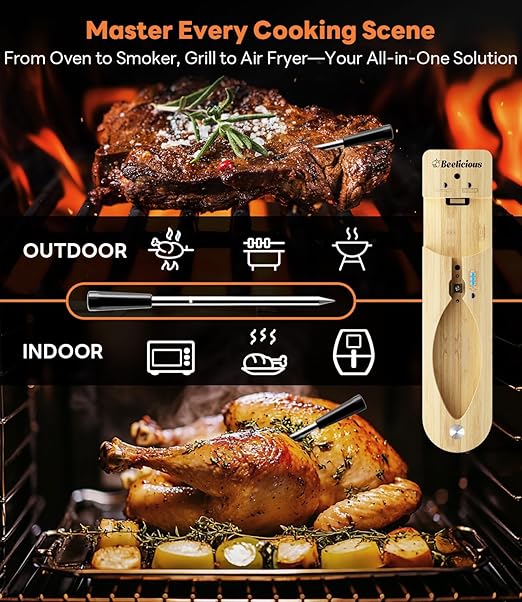 Beelicious Pro Wireless Meat Thermometer โ Stable Bluetooth Smart Probe with ยฑ1.8โ Accuracy, 0.5s Fast Response & Long-Lasting Battery, IP67 Waterproof, App Controlled for Grill, Oven, Air Fryer