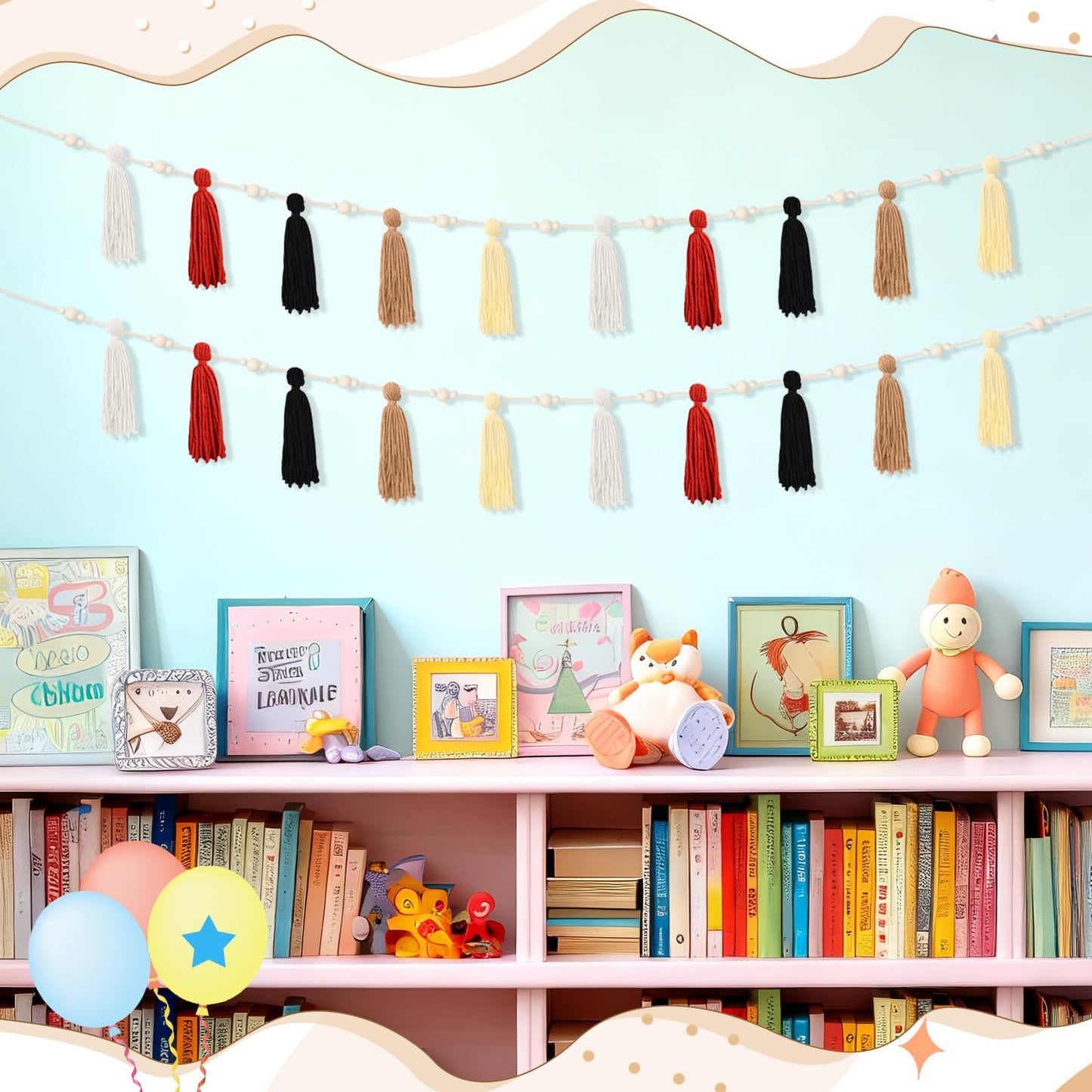 Suncalla 2 Pcs Tassel Garland with Wood Beads, 6.89 ft Handmade Cotton Yarn Wall Hanging Banner Boho Tassel Wall Party Decor for Nursery Baby Shower Classroom Birthday Home Decoration(Retro)