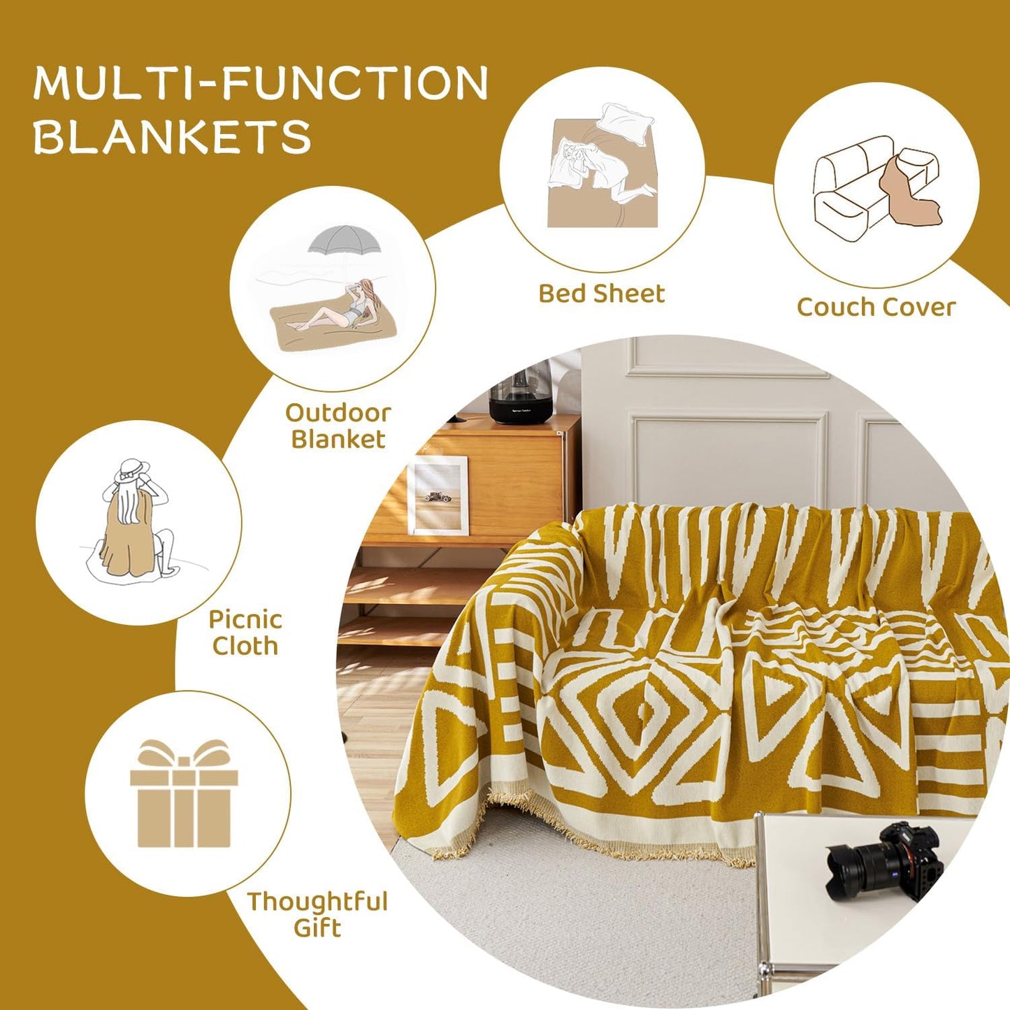 STACYPIK Boho Couch Cover, Ginger Yellow Sofa Cover for L Shaped Pet-Friendly, Reversible Sofa Protector for 3 Cushion Couch, Anti Slip Sofa Cover for Dogs, Washable Jacquard Loveseat Covers-71X134IN