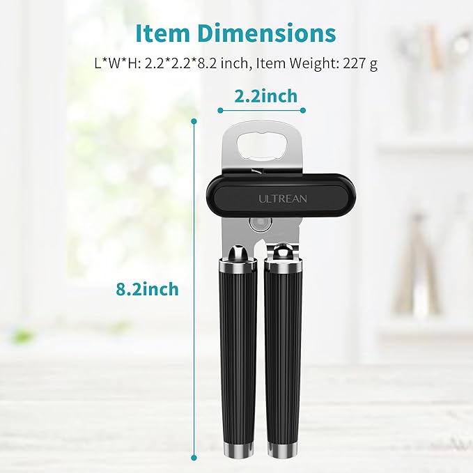 Ultrean Manual Can Opener Bottle Opener, Heavy Duty Stainless Steel Smooth Edge Manual Hand Held Can Opener With Soft Touch Handle, Rust Proof Oversized Handheld Easy Turn Knob (Black)