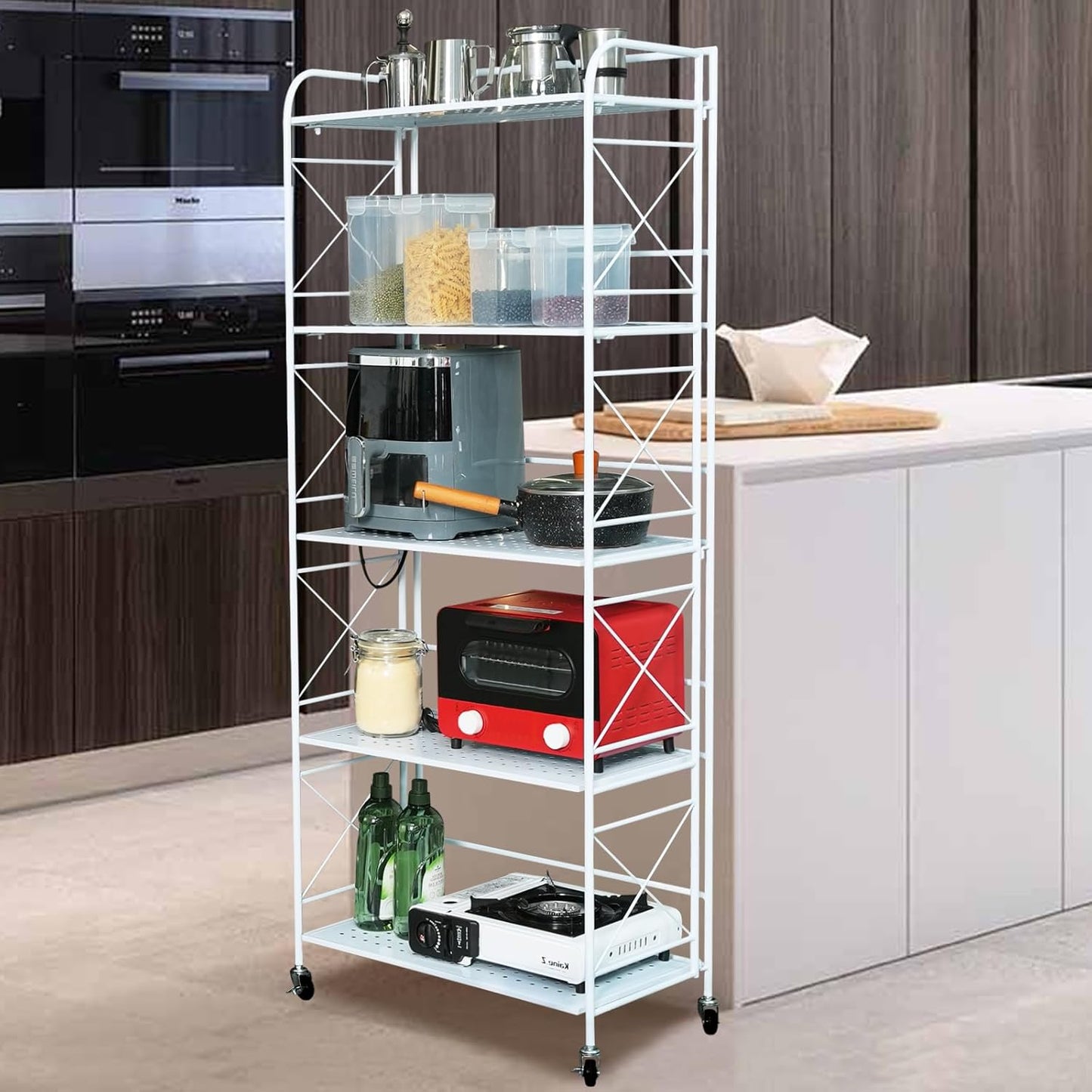 Foldable 3-Tier Metal Shelf with Wheels - Folding Bookshelf Unit for Living Room, Kitchen, Study 12.6" D x 23.6" W x 33.8" H, Glossy White