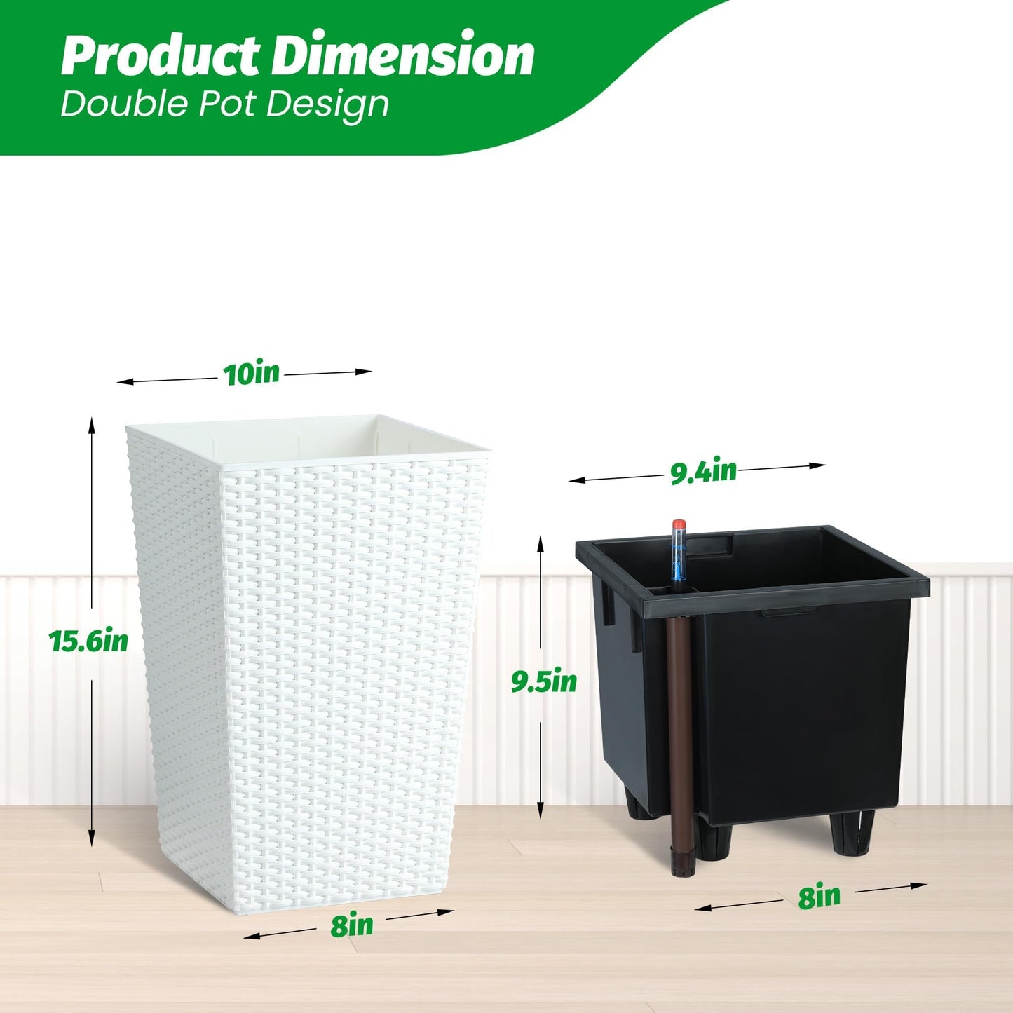 Tall Planters Set of 2, with Large Outdoor & Indoor Pots with Drainage Holes, Water Level Gauge, Inner Insert, Trays & Wheels, Auto-Watering Front Porch Planters for Terrace, Home, Office,White