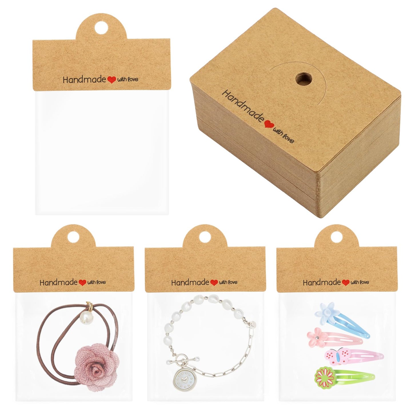 Janlaugh 200 Pcs Jewelry Package Bags Jewelry Display Bags for Small Business Brown Display Clear Pouch for Selling, Small Craft Packaging Set for Bracelets, Key Chains, Earring, 3.15 x 4 Inches