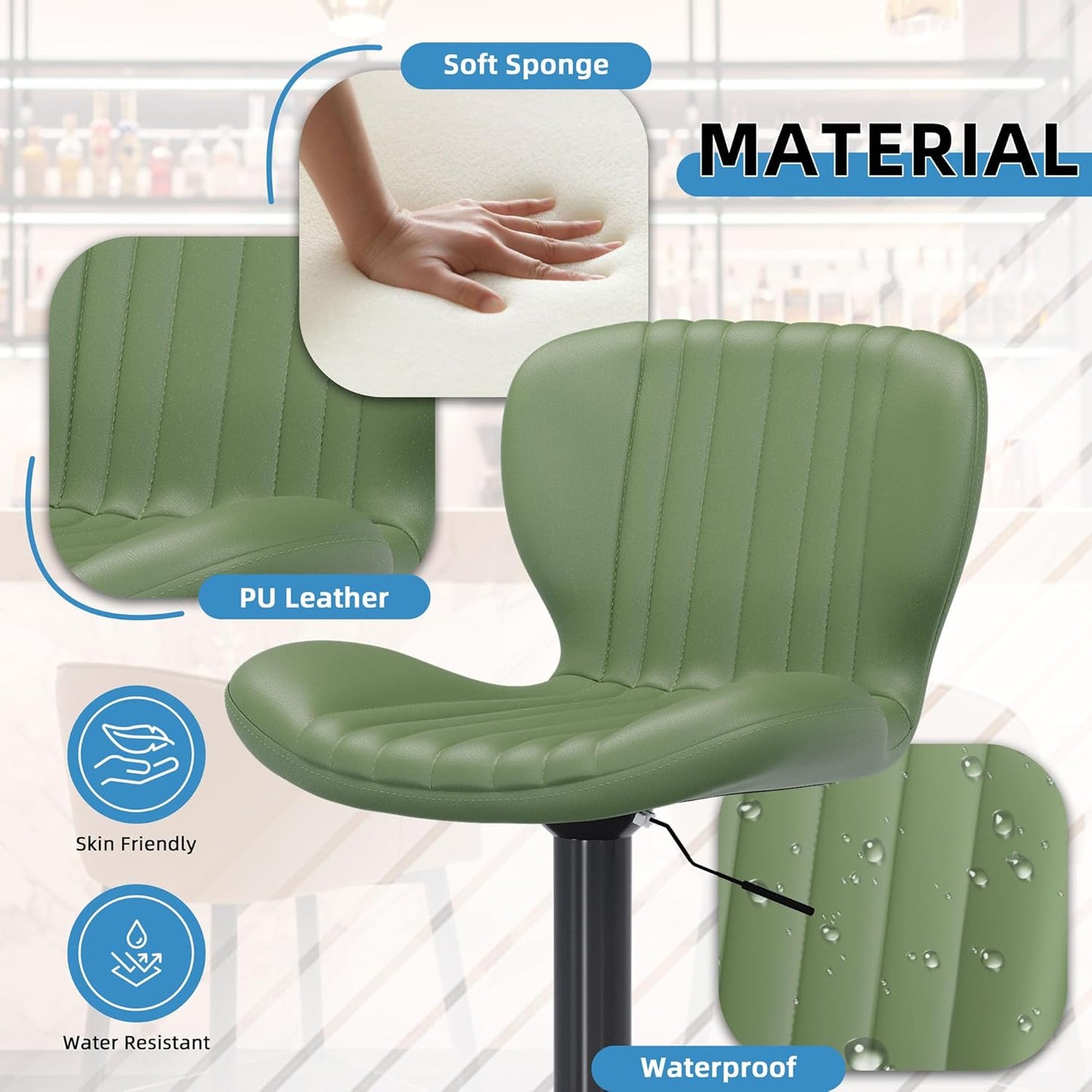 Shintenchi Bar Stools Set of 6 Modern Swivel Bar Chairs, Counter Height Faux Leather Metal Barstools, Upholstered Island Chairs with Back and Footrest, Green