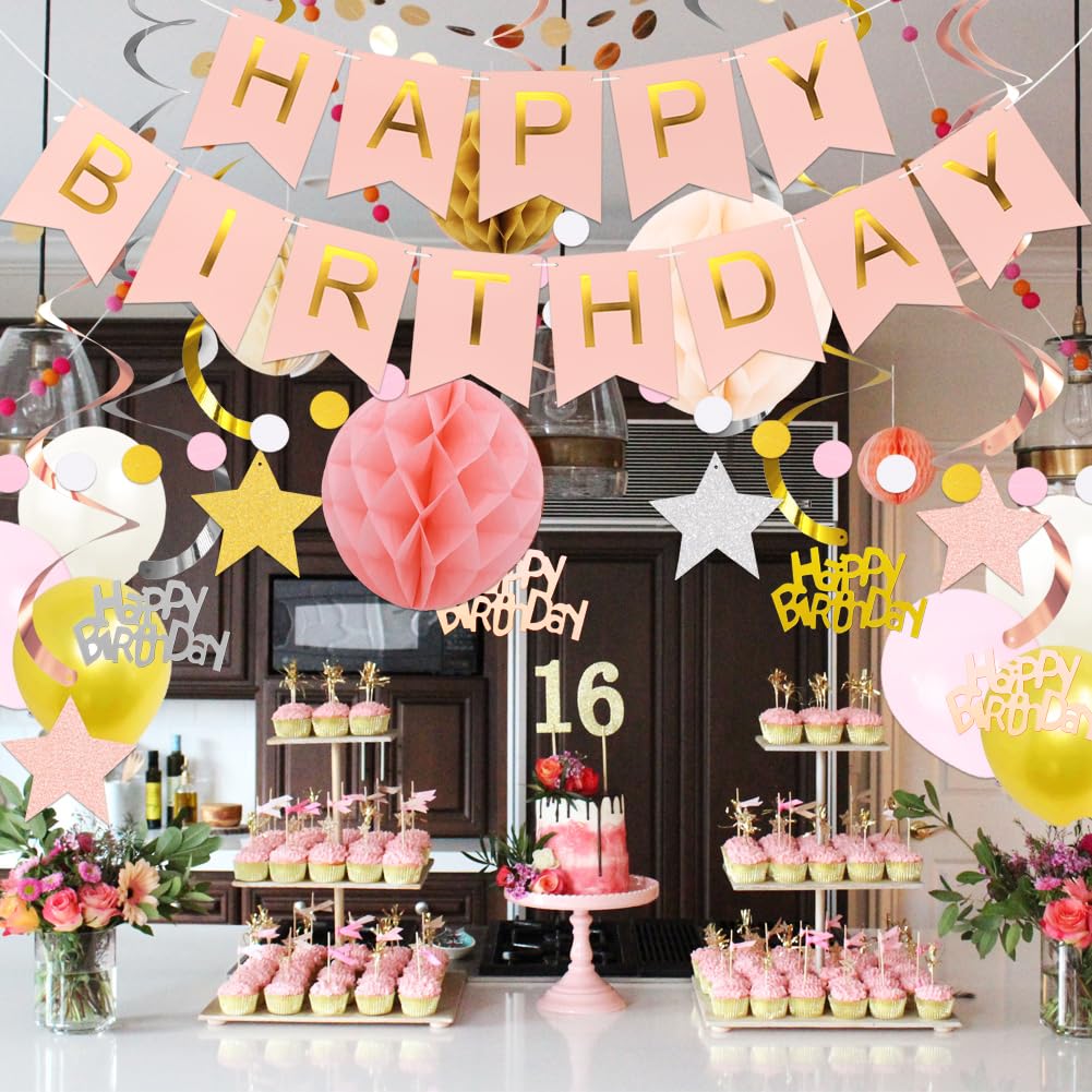 Birthday Decorations, NO DIY, Pre-Strung Happy Birthday Banner with Honeycomb Balls, Metallic paper Hanging Swirls Streamers, Circle Dots Garland, Party Paper Bunting for Women Men Boys Girls(Pink)