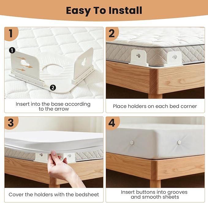 4Pcs Sheet Holders, Bed Sheet Holders for Corners, Lock Bed Sheet Holders, Fitted Sheet Holders Keep Sheets Firm & Tight, Universal Fitted Sheet Holder for All Mattress Sizes, White