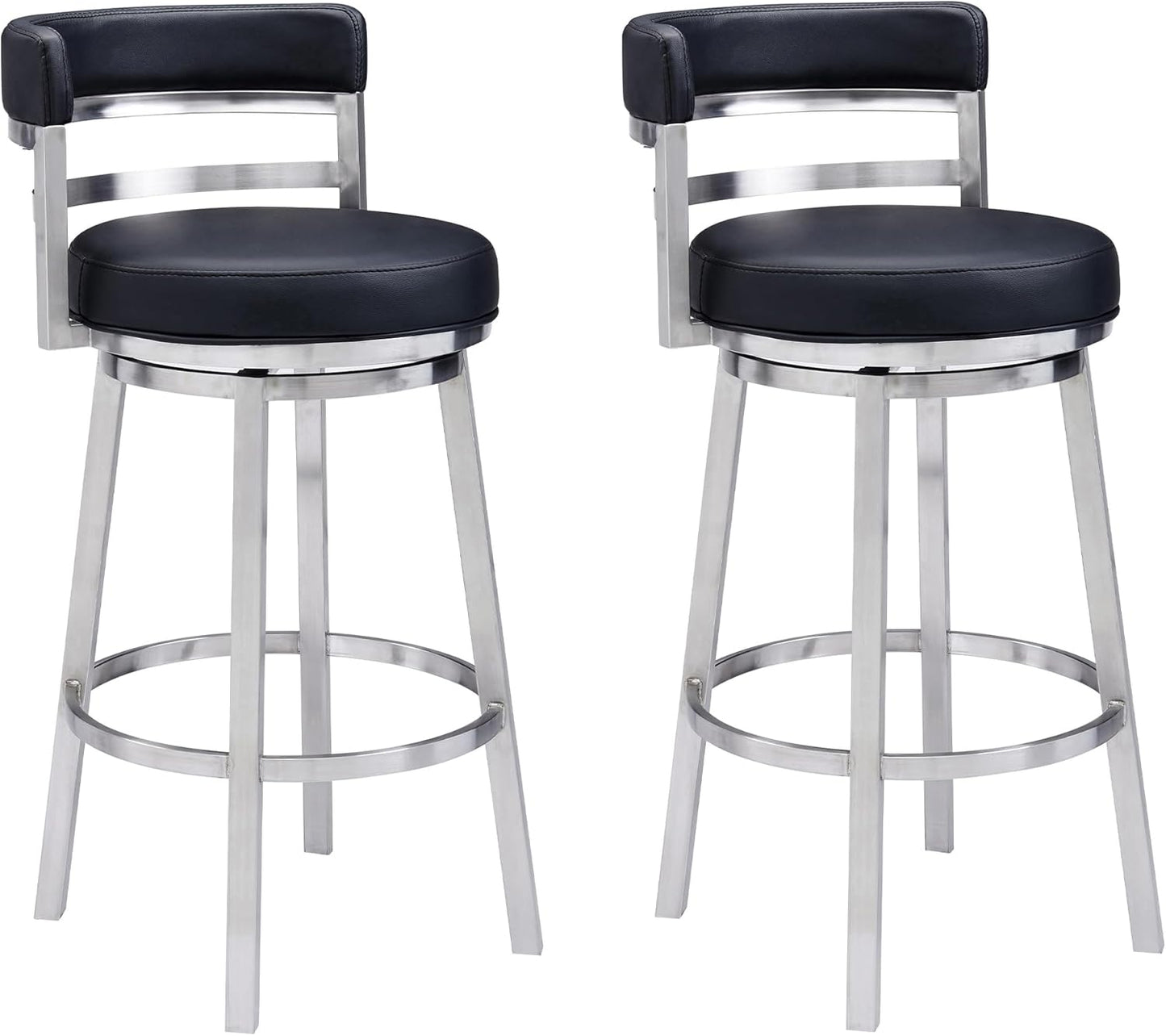 Armen Living Madrid 26" Seat Height Swivel Modern Black Faux Leather and Brushed Stainless Steel Bar Stool for Kitchen Island Counter, Set of 2