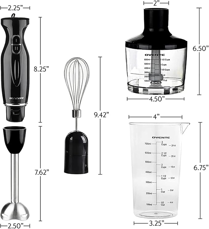 OVENTE Immersion Hand Blender Set, 300W Corded Electric Handheld Stick Mixer, 2 Mixing Speeds with Stainless Steel Blades, Egg Whisk, Beaker & BPA-Free Food Chopper, Black HS565B