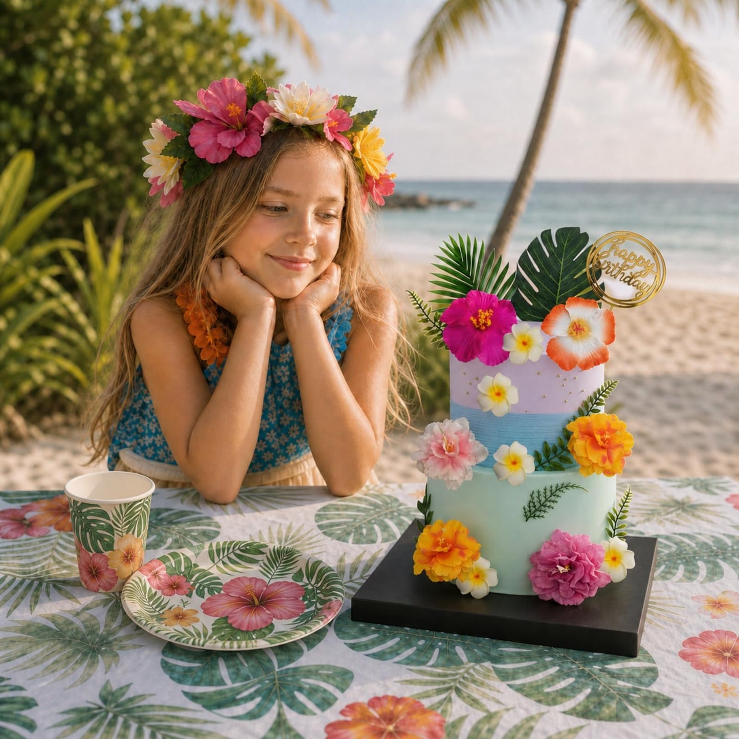 18Pcs Hawaiian Flowers Cake Decorations, Tropical Luau Cake Toppers with Hibiscus and Palm Leaves, Summer Cupcake Toppers, Non-Edible Aloha Beach Party Supplies for Birthday Celebration
