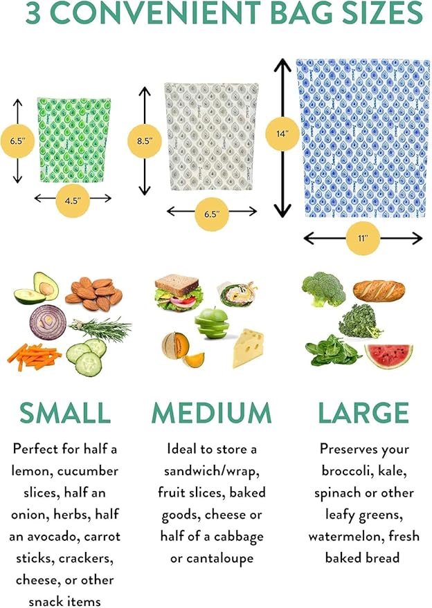 BeeBAGZ - Beeswax Wrap Storage Bag, Reusable Food Storage Bags, Pack of 3, Plastic Free Biodegradable Food Wrap Alternative, Lunch Pack, 2 Small + 1 Medium, (Grey)
